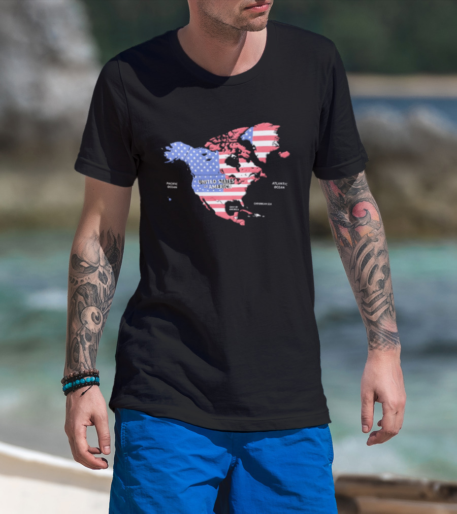 United States American Flag Map Of North America Featuring USA Canada Mexico Greenland T-Shirt