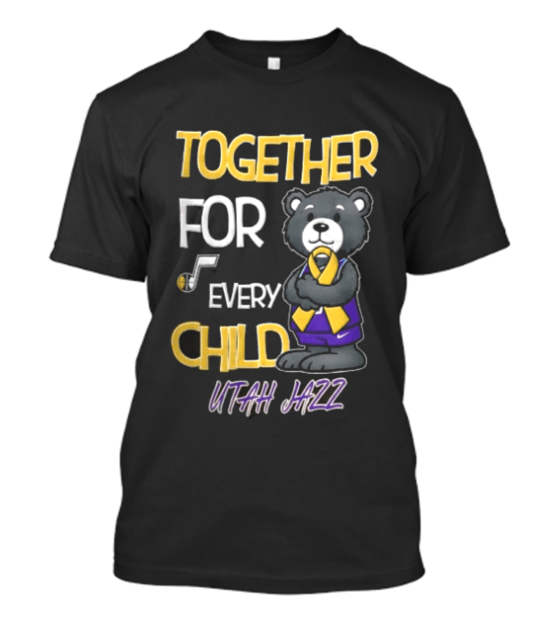 Utah Jazz Together For Every Child Cartoon Bear Gold Ribbon Purple Uniform T-Shirt