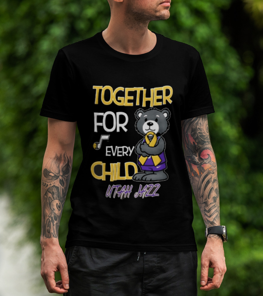 Utah Jazz Together For Every Child Cartoon Bear Gold Ribbon Purple Uniform T-Shirt