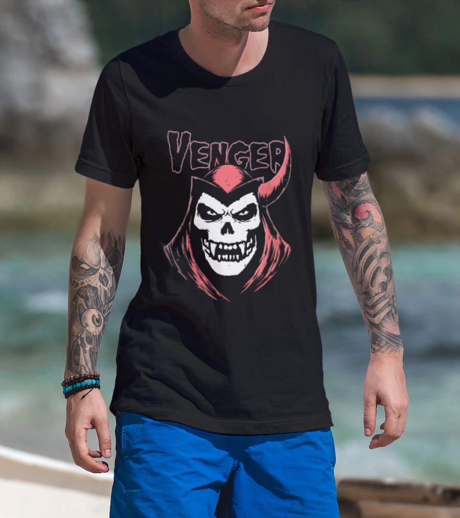 Venger Distressed Red Hooded Skull Face One Horned Demon T-Shirt