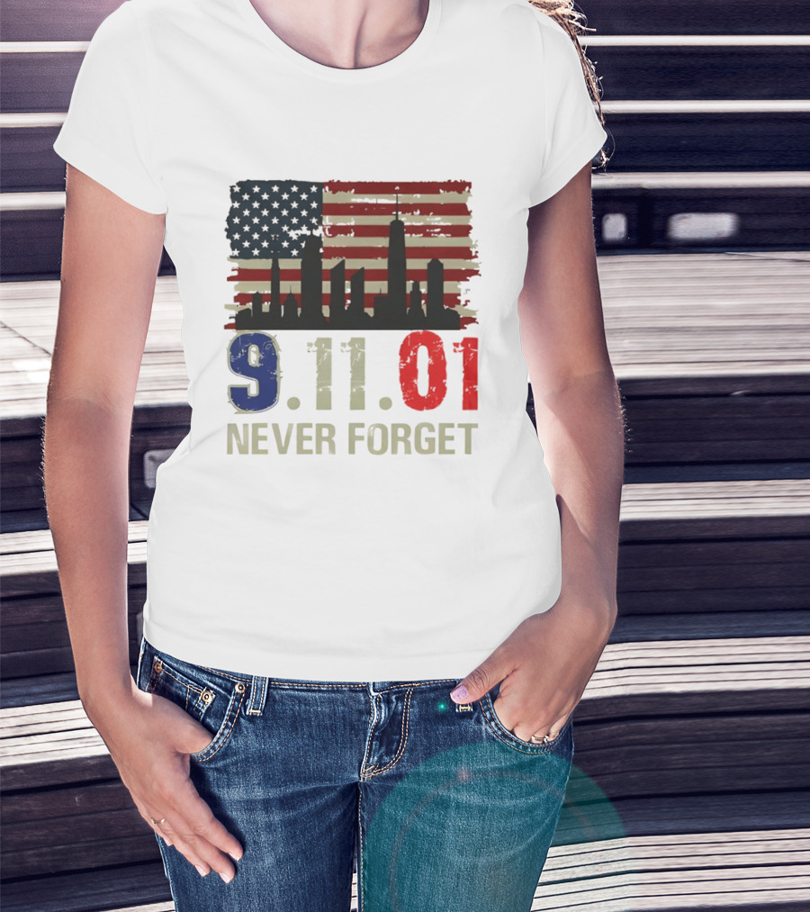 9.11.01 Never Forget American Flag Skyline Memorial Patriot 9 11 T-Shirt