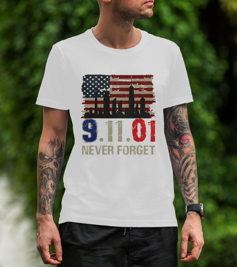 9.11.01 Never Forget American Flag Skyline Memorial Patriot 9 11 T-Shirt