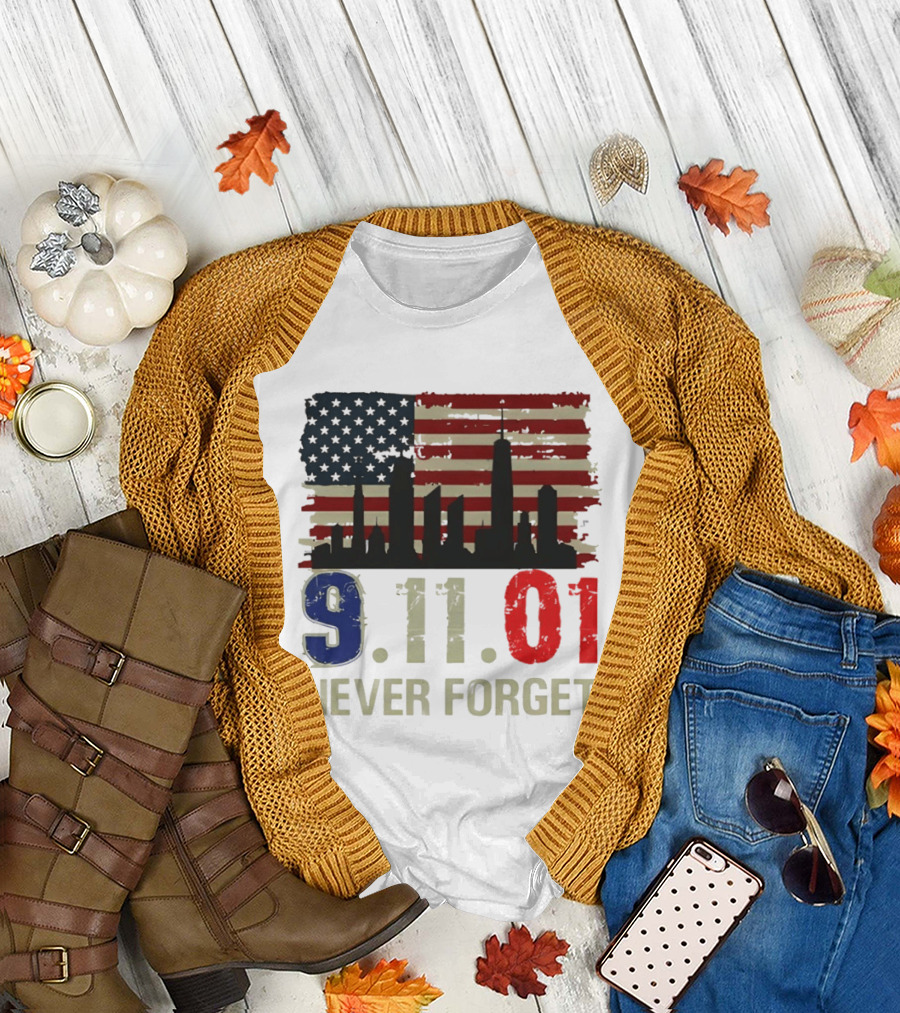 9.11.01 Never Forget American Flag Skyline Memorial Patriot 9 11 T-Shirt