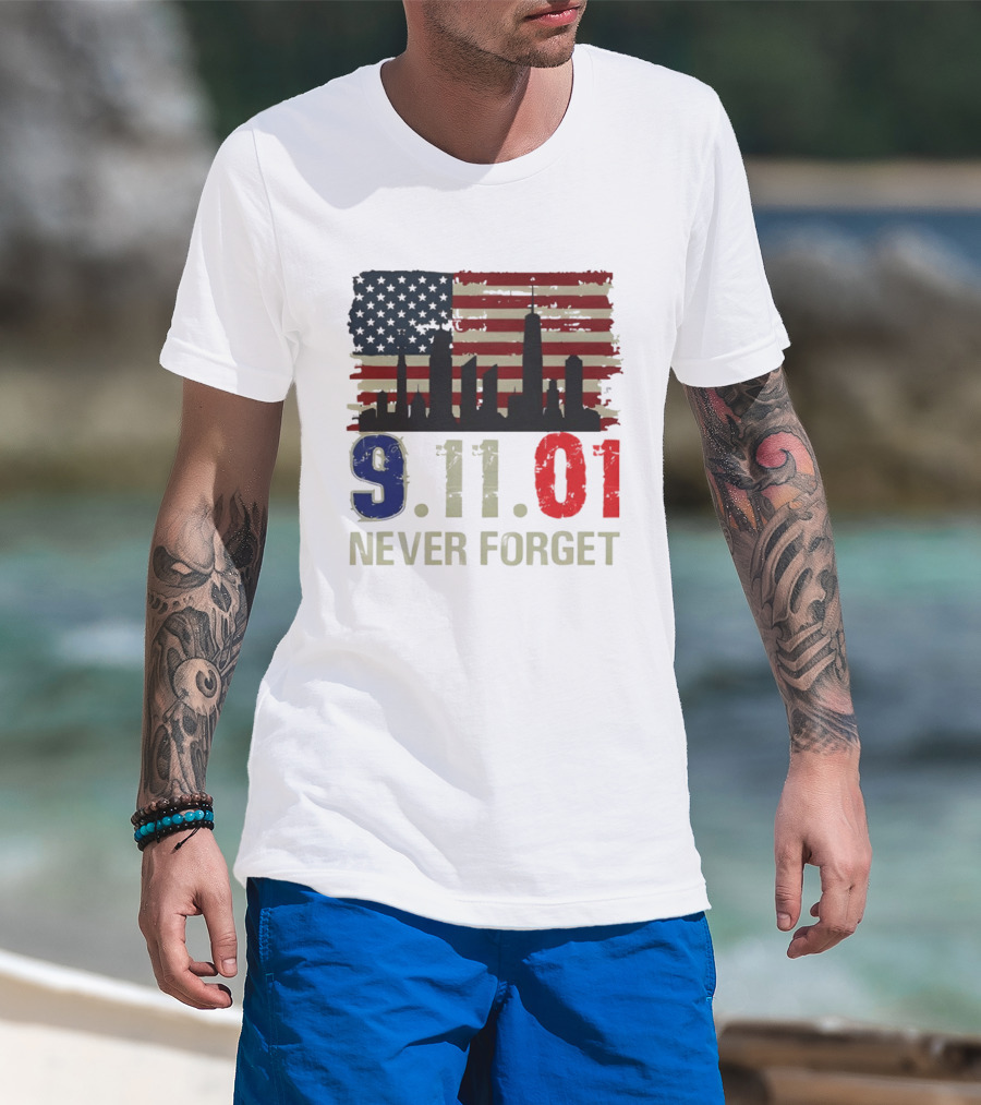 9.11.01 Never Forget American Flag Skyline Memorial Patriot 9 11 T-Shirt
