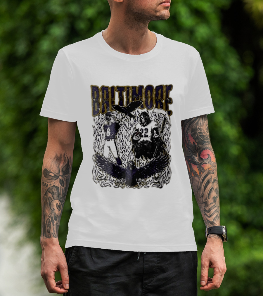 Baltimore Ravens Skeleton Grim Reaper Scythe Purple Flames Football Players Ravens T-Shirt