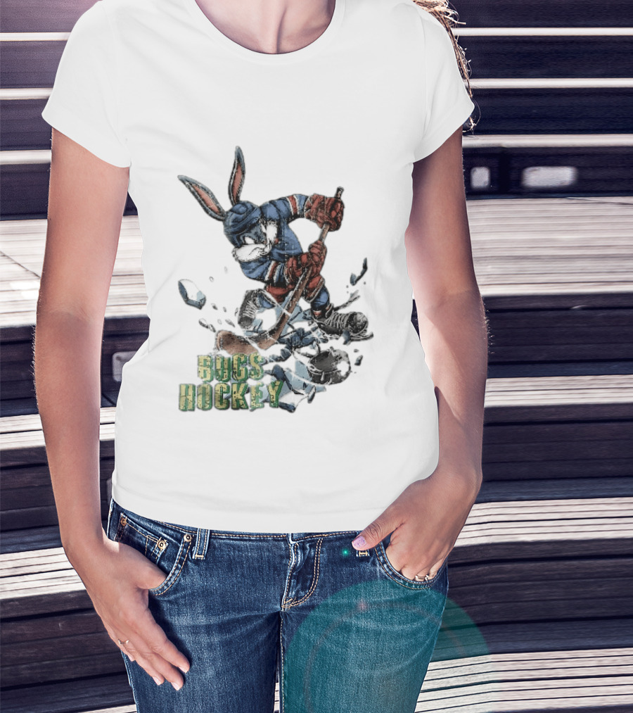 Bugs Hockey Cartoon Bunny Cracking Ice Puck Shot Distressed T-Shirt