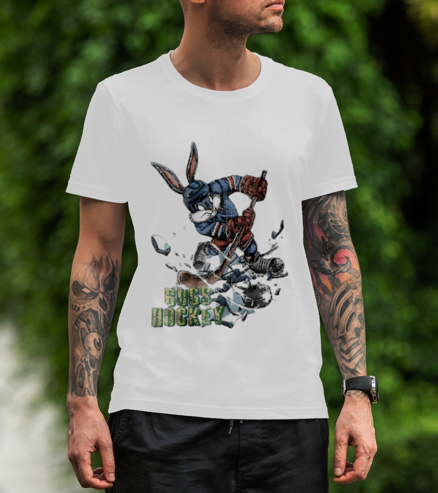Bugs Hockey Cartoon Bunny Cracking Ice Puck Shot Distressed T-Shirt