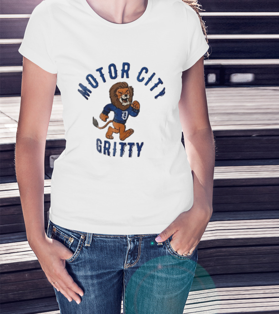 Motor City Gritty Distressed Cartoon Lion Running Detroit Lions T-Shirt