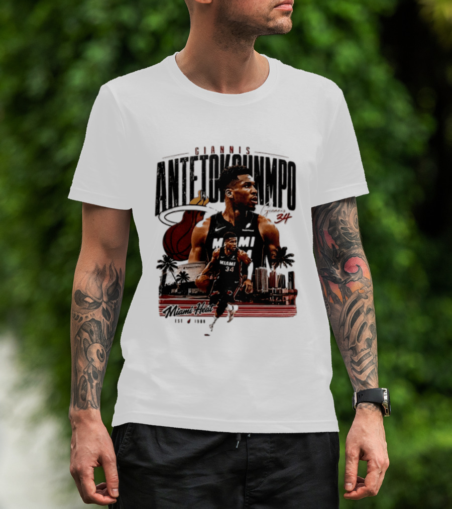 Giannis Antetokounmpo Miami Heat NBA Player Est 1988 Kaseya Center Palms And Cityscape T-Shirt