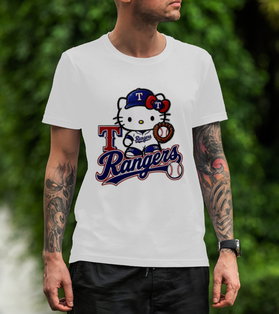 Hello Kitty Texas Rangers Baseball 2026 MLB Rangers Logo With Baseball Glove And Cap T-Shirt