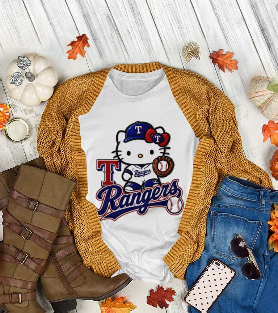 Hello Kitty Texas Rangers Baseball 2026 MLB Rangers Logo With Baseball Glove And Cap T-Shirt