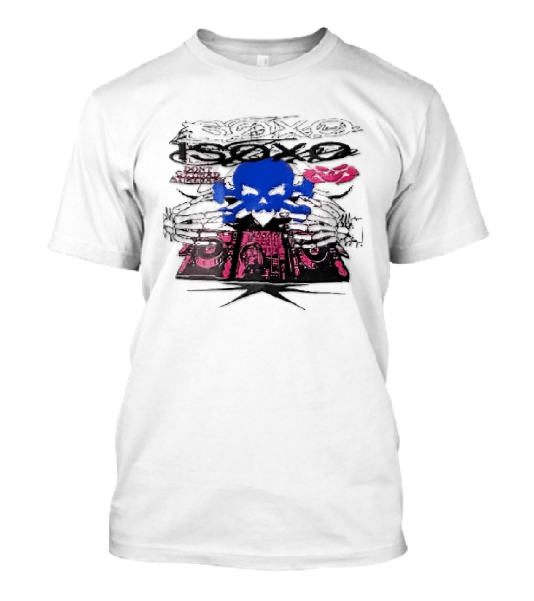 Isoxo Dont Get Mad Aim Back Blue Skull Skeleton Hands Dj Turntables T-Shirt
