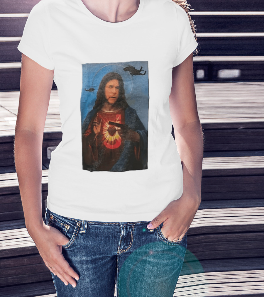 Jesus With Handgun And Military Helicopters Halo T-Shirt