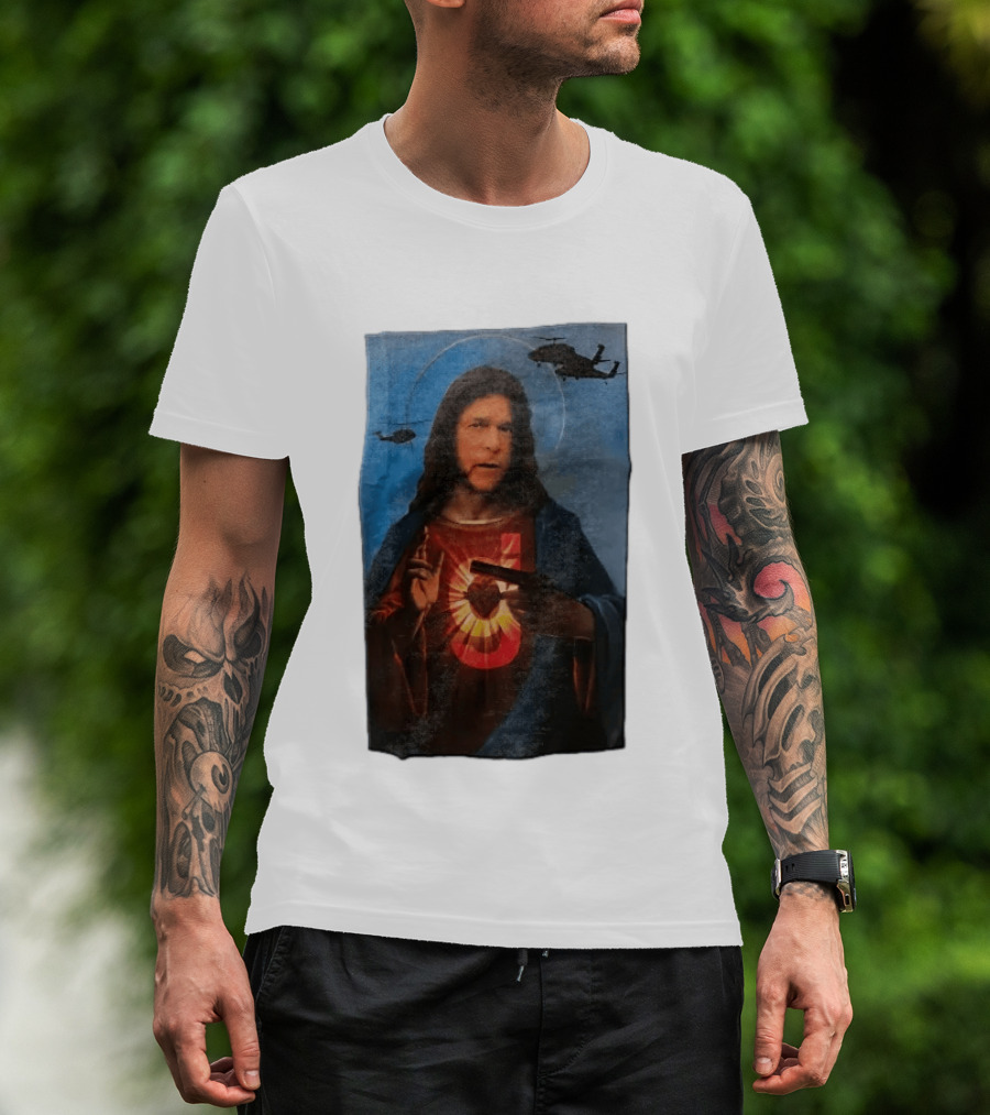 Jesus With Handgun And Military Helicopters Halo T-Shirt