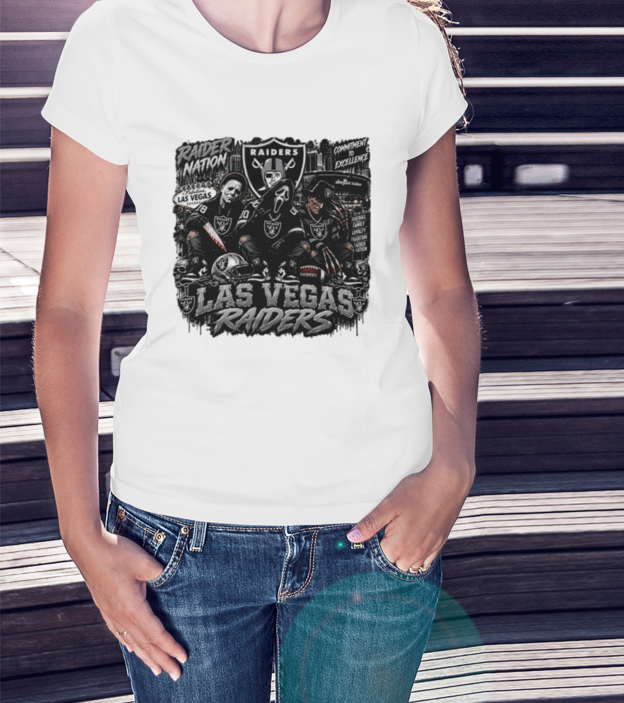 Raider Nation Las Vegas Raiders Michael Myers Ghostface Freddy Krueger Commitment To Excellence Halloween Allegiant Stadium T-Shirt