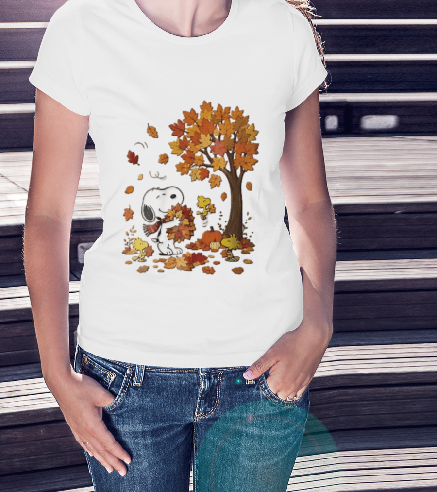 Snoopy Woodstock Autumn Leaves Pumpkin Fall Season Vibes T-Shirt