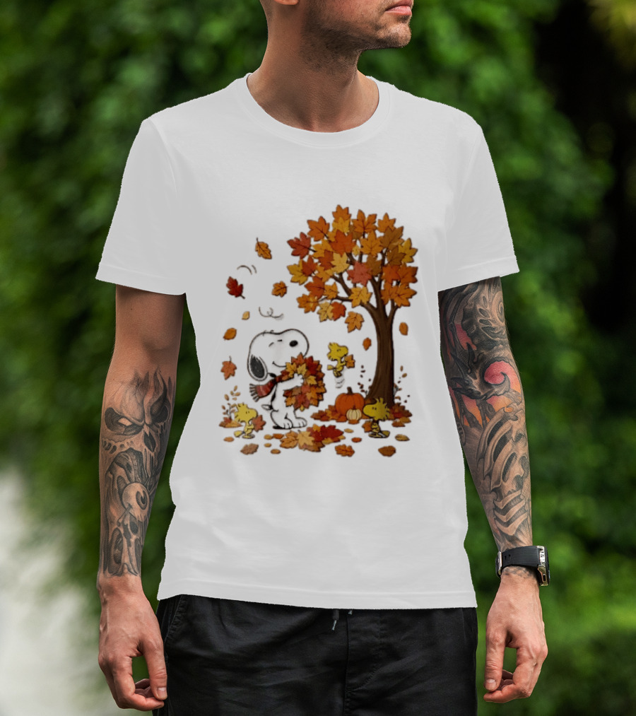 Snoopy Woodstock Autumn Leaves Pumpkin Fall Season Vibes T-Shirt
