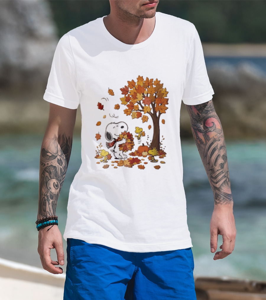 Snoopy Woodstock Autumn Leaves Pumpkin Fall Season Vibes T-Shirt