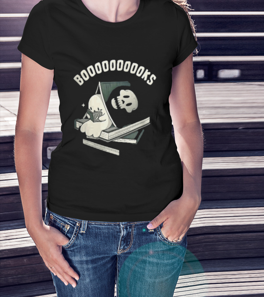 Boooooooooks Cartoon Ghost Reading Novel With Skeleton Specter T-Shirt
