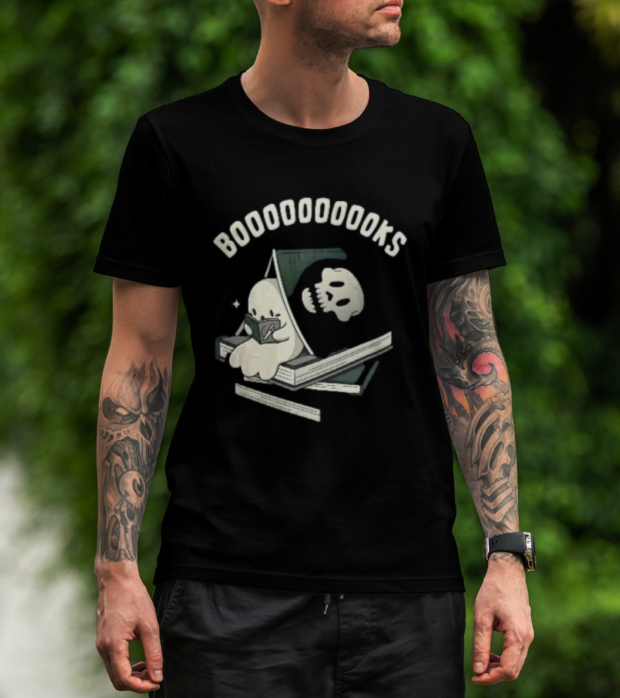 Boooooooooks Cartoon Ghost Reading Novel With Skeleton Specter T-Shirt