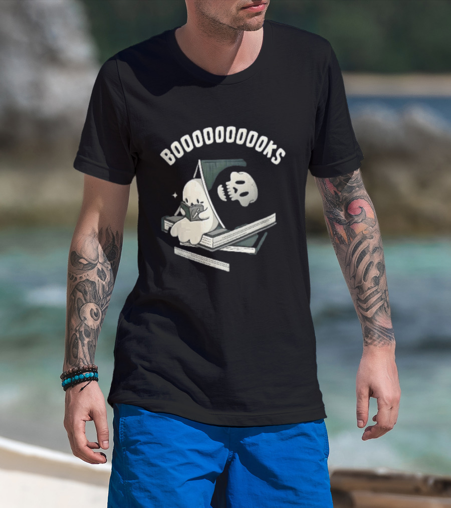 Boooooooooks Cartoon Ghost Reading Novel With Skeleton Specter T-Shirt