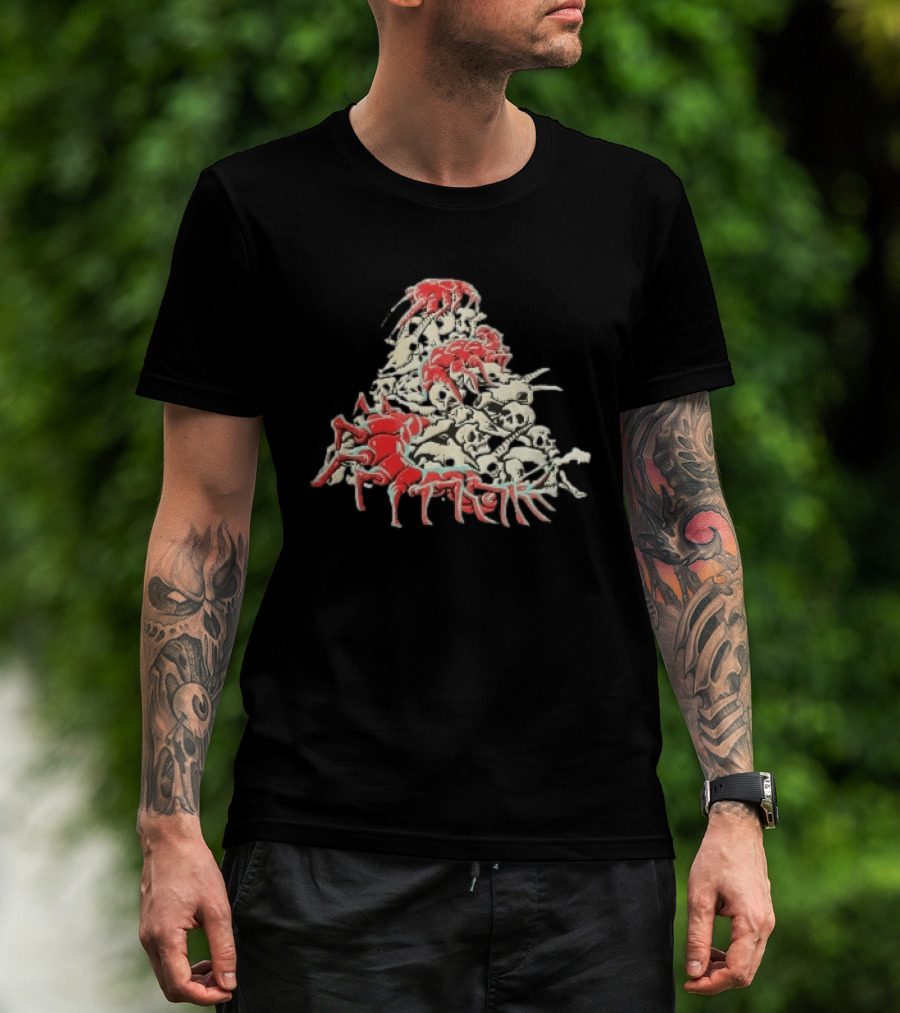Giant Red Centipede Cyan Crawling Pile Of Skulls T-Shirt