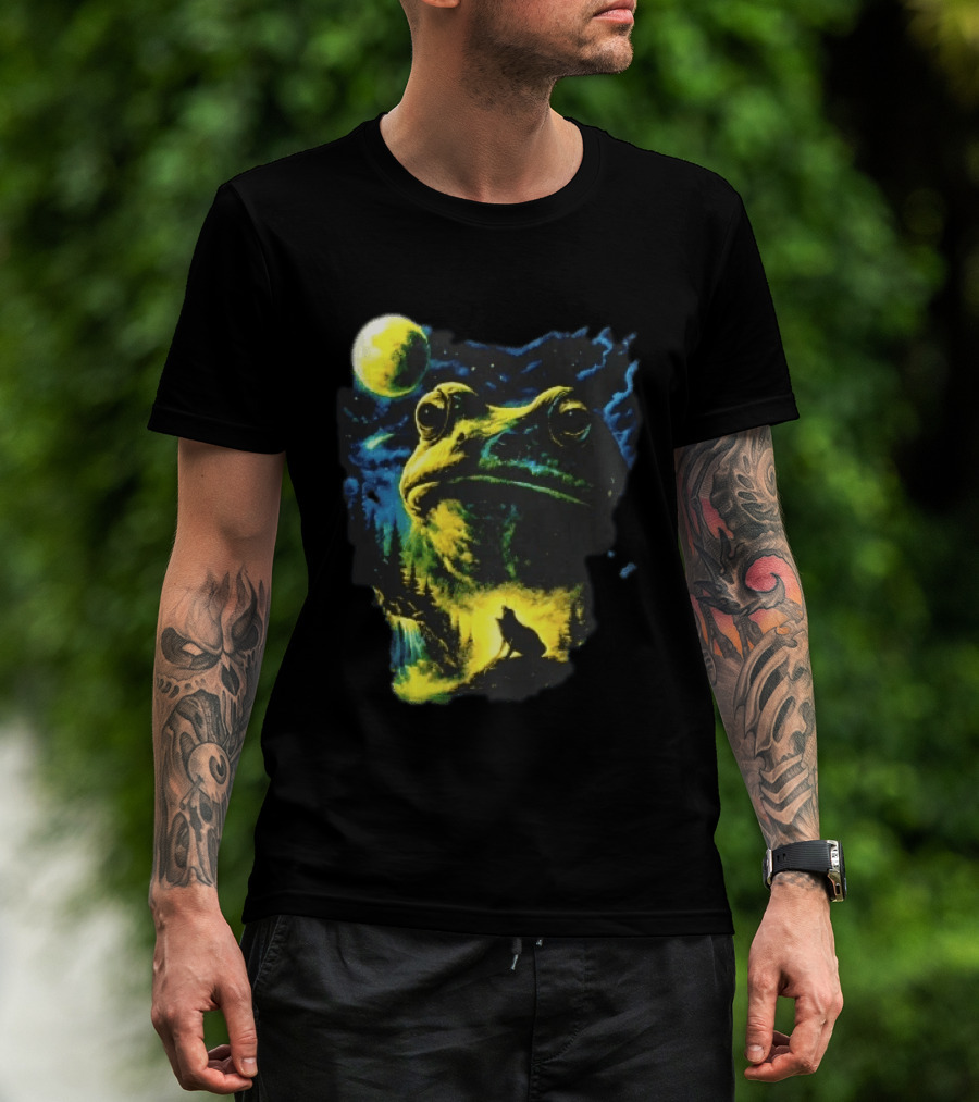 Giant Toad Glowing Moon Howling Waterfall Forest Mystic Scene T-Shirt