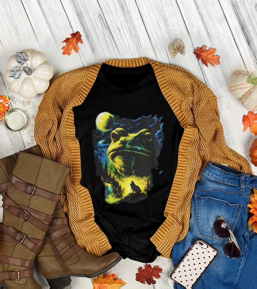 Giant Toad Glowing Moon Howling Waterfall Forest Mystic Scene T-Shirt