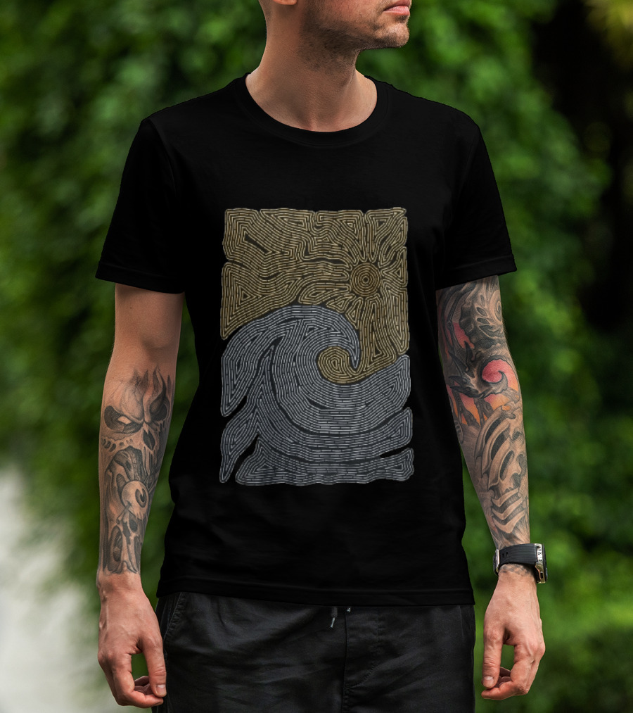 Golden Sun Over Crashing Blue Ocean Wave Line Maze T-Shirt