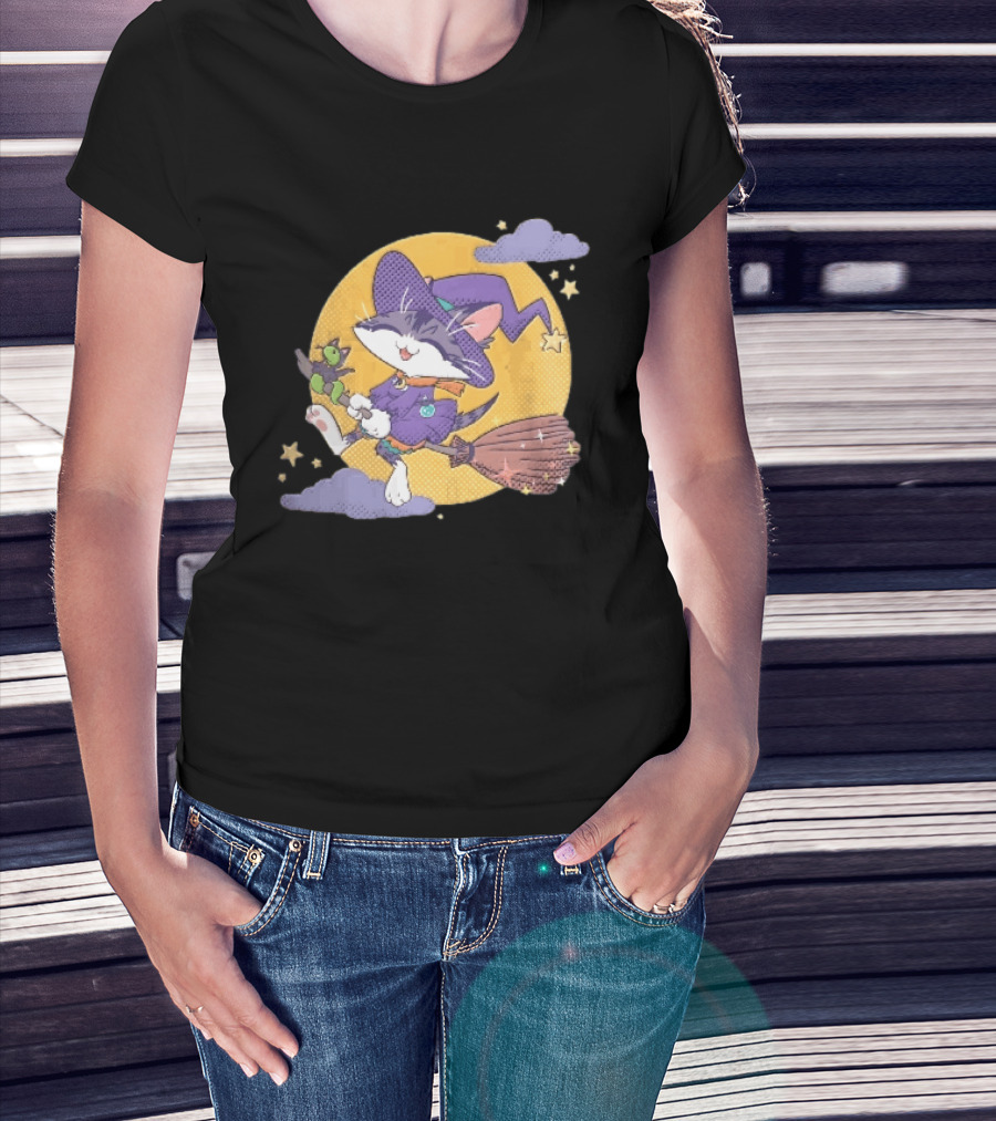 Halftone Cartoon Cat Witch Flying On Broomstick With Moon And Stars T-Shirt