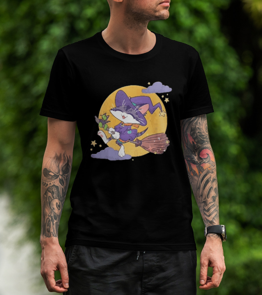 Halftone Cartoon Cat Witch Flying On Broomstick With Moon And Stars T-Shirt