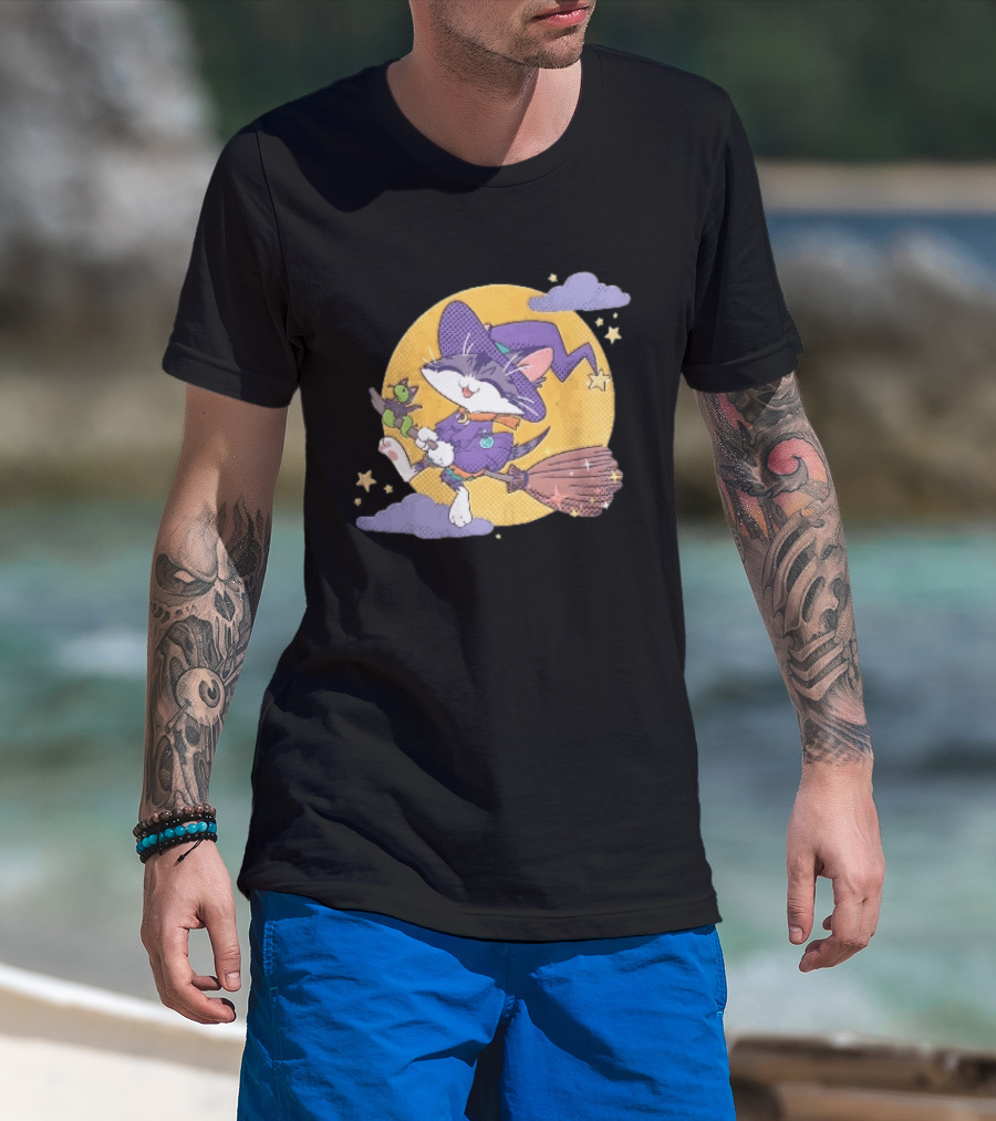 Halftone Cartoon Cat Witch Flying On Broomstick With Moon And Stars T-Shirt
