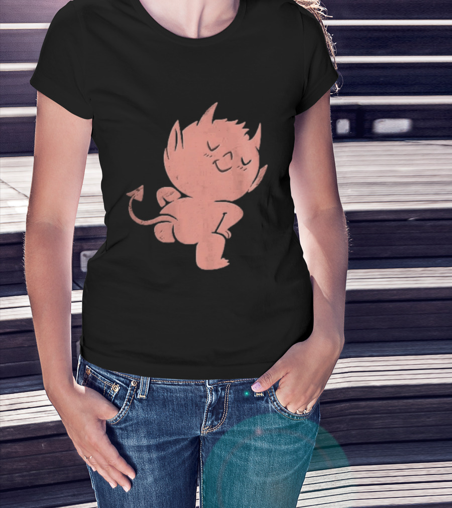 Mischievous Little Red Devil Cartoon Mooning With Distressed Texture T-Shirt