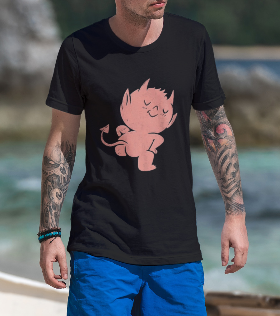 Mischievous Little Red Devil Cartoon Mooning With Distressed Texture T-Shirt
