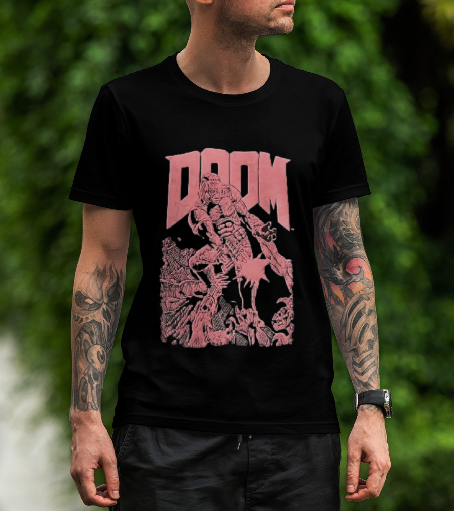 Doom Space Marine Battling Hell Demons Pink Sketch T-Shirt