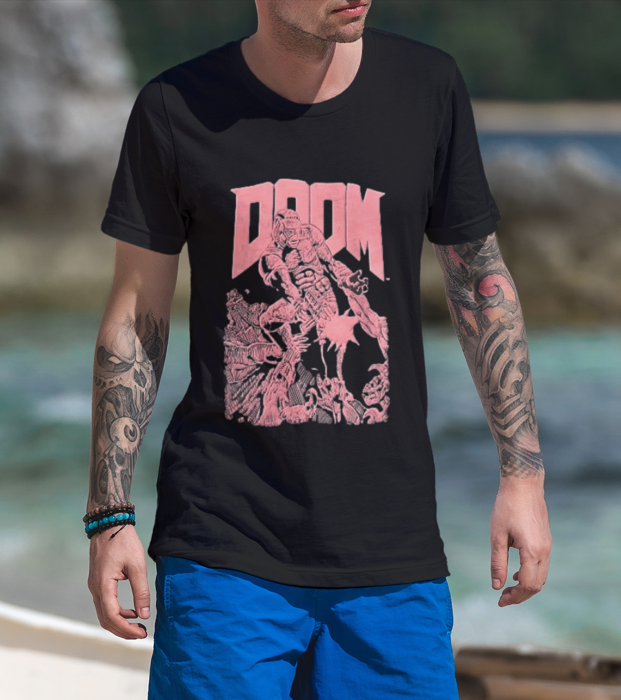 Doom Space Marine Battling Hell Demons Pink Sketch T-Shirt
