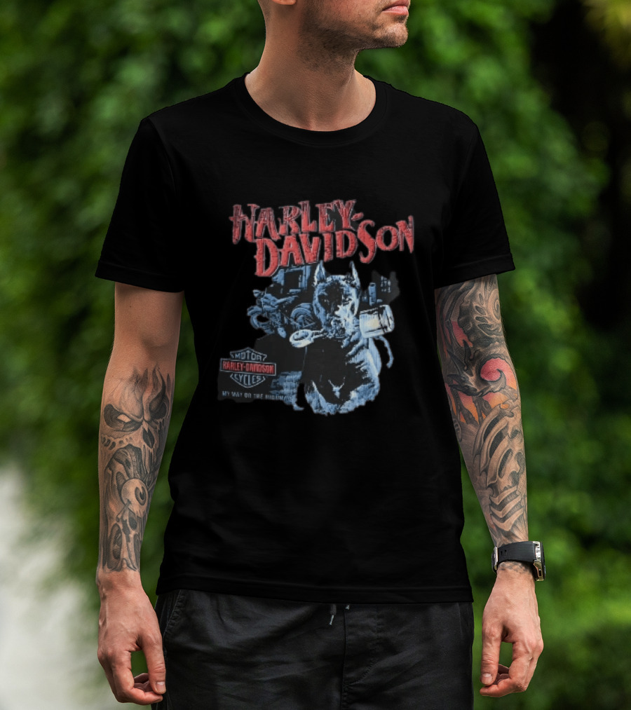 Harley Davidson My Way Or The Highway Dog Holding Piston Cycles T-Shirt