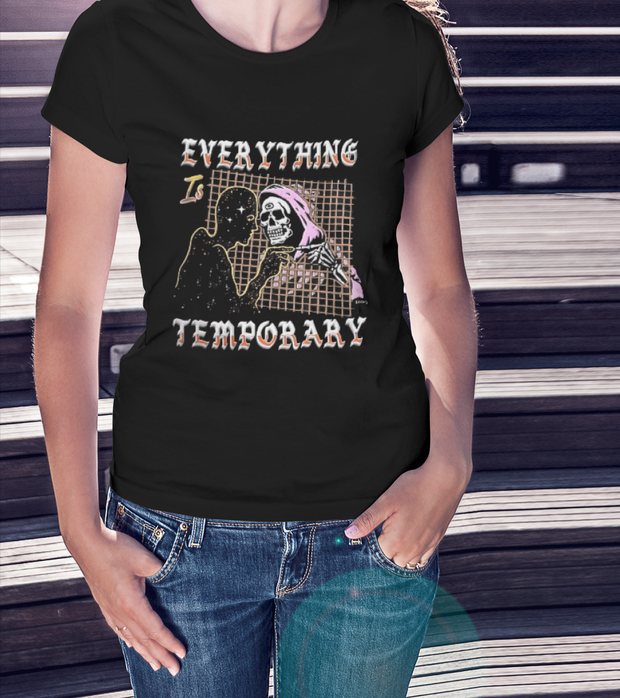 Everything Is Temporary Cosmic Skeleton Touching Fingers Grid T-Shirt