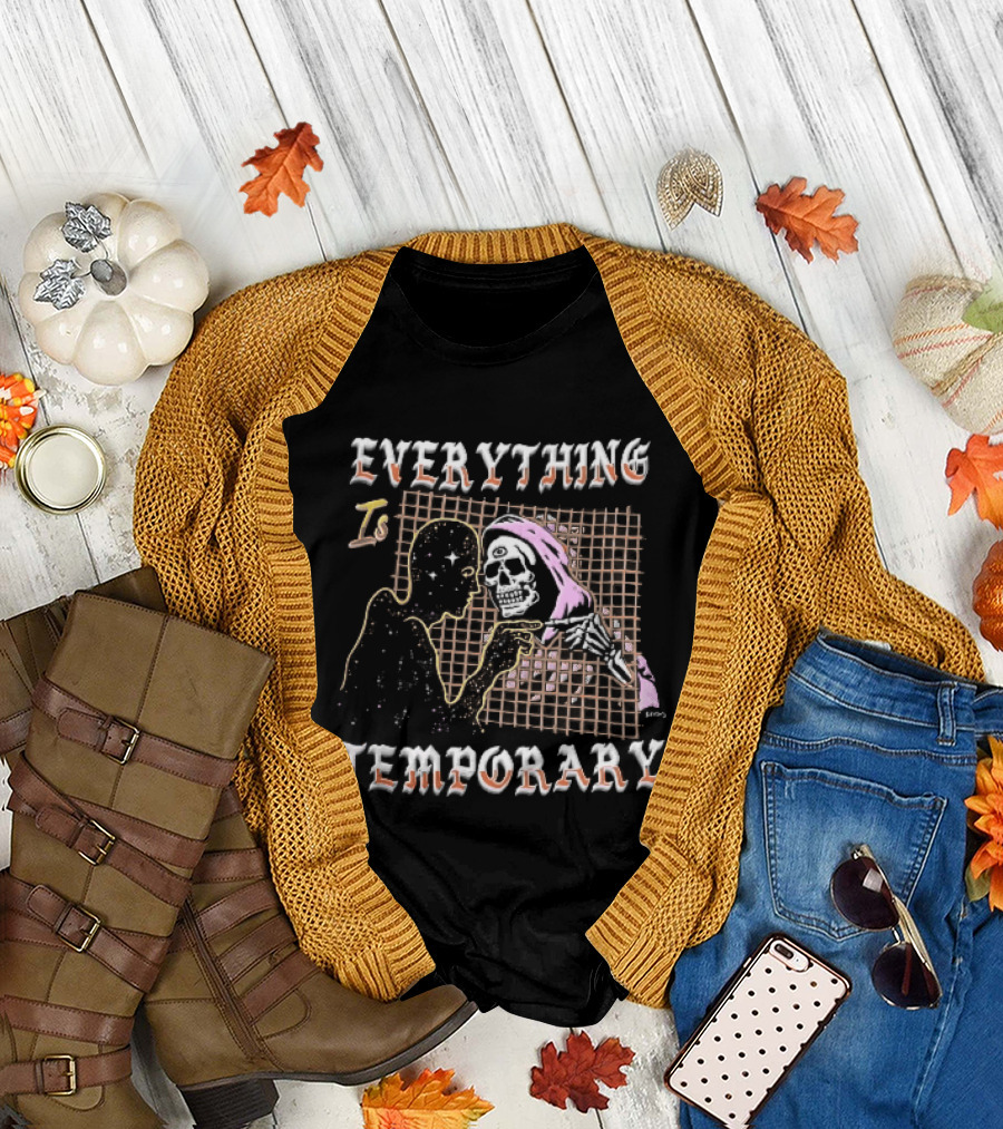 Everything Is Temporary Cosmic Skeleton Touching Fingers Grid T-Shirt