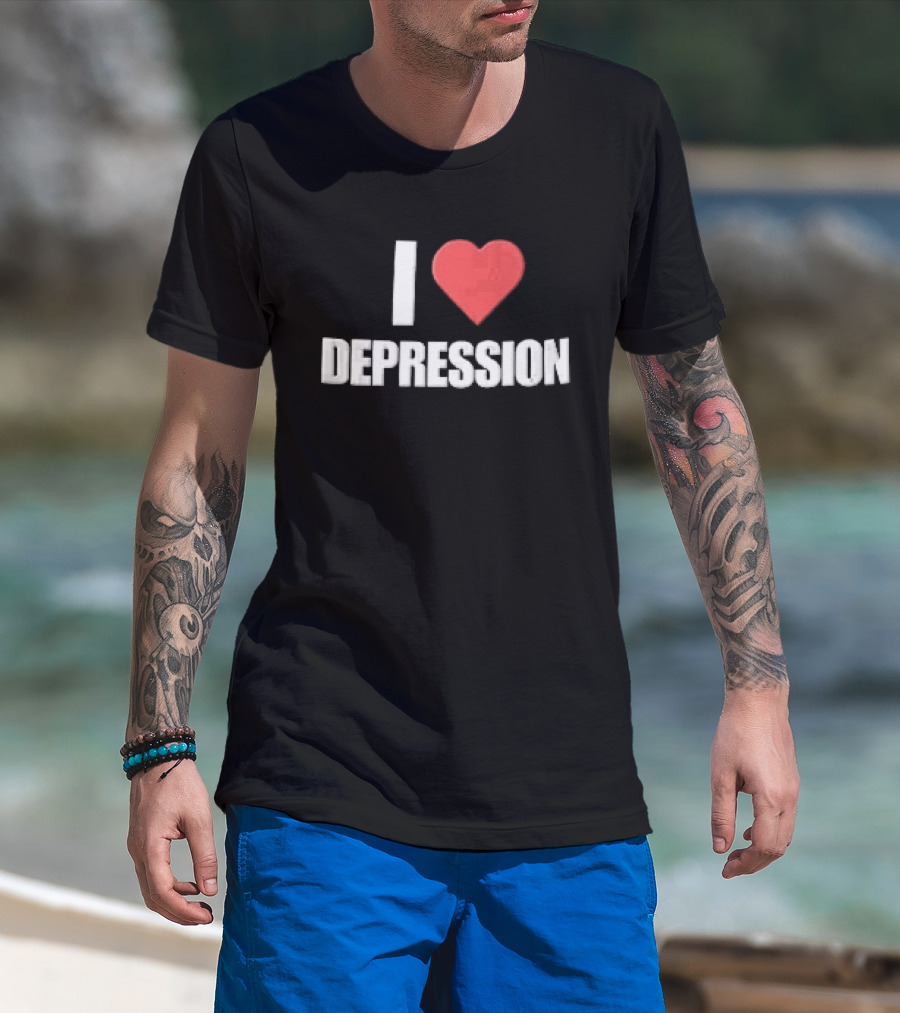 I Heart Depression White Text Red Heart Shape T-Shirt