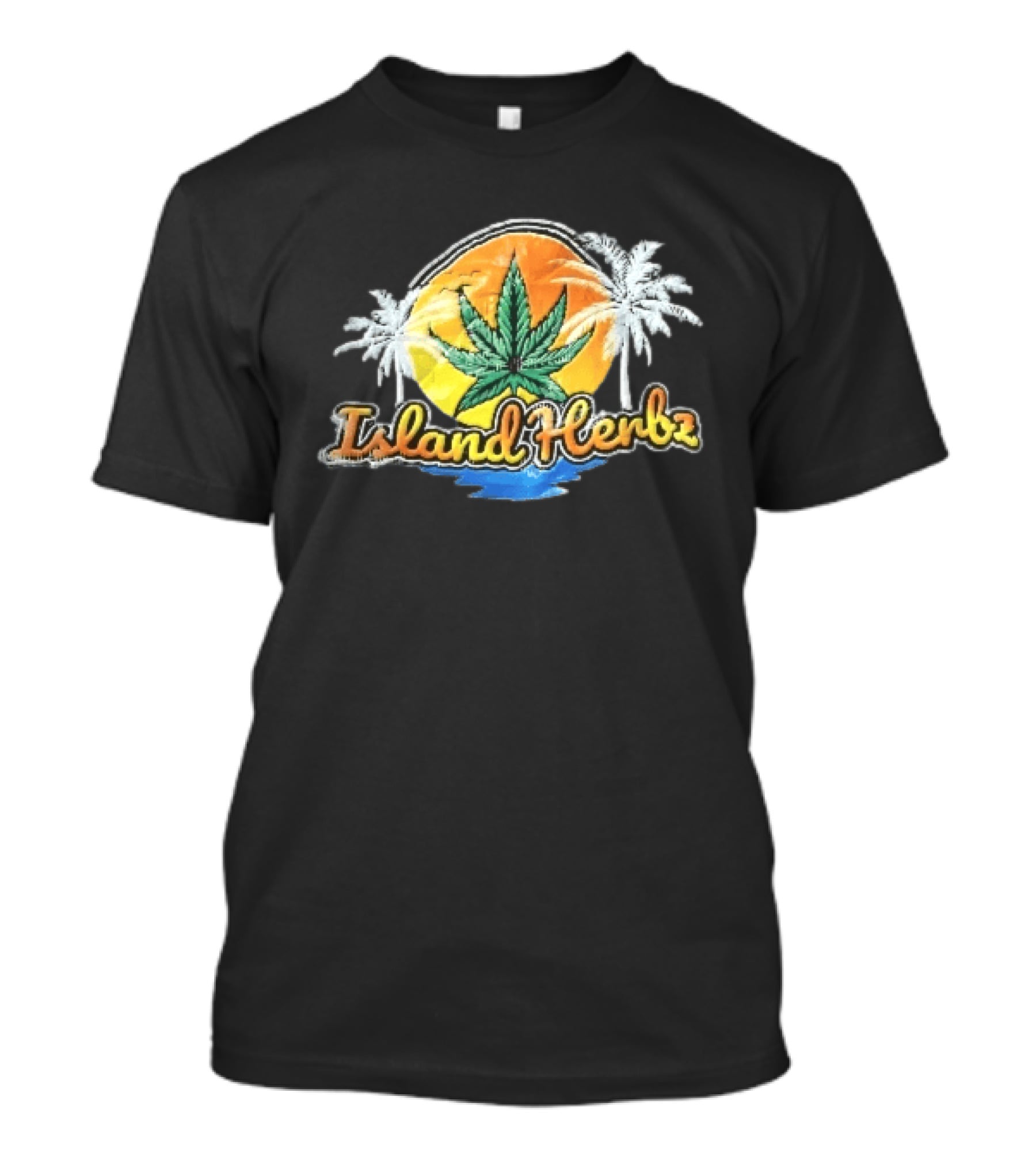 Island Herbz Cannabis Leaf Orange Sunset White Palm Trees T-Shirt