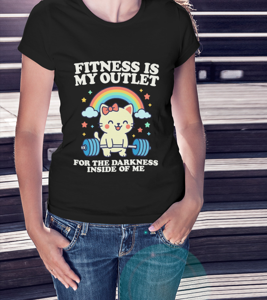 Fitness Is My Outlet For The Darkness Inside Of Me Cute Cat Weightlifting Rainbow T-Shirt