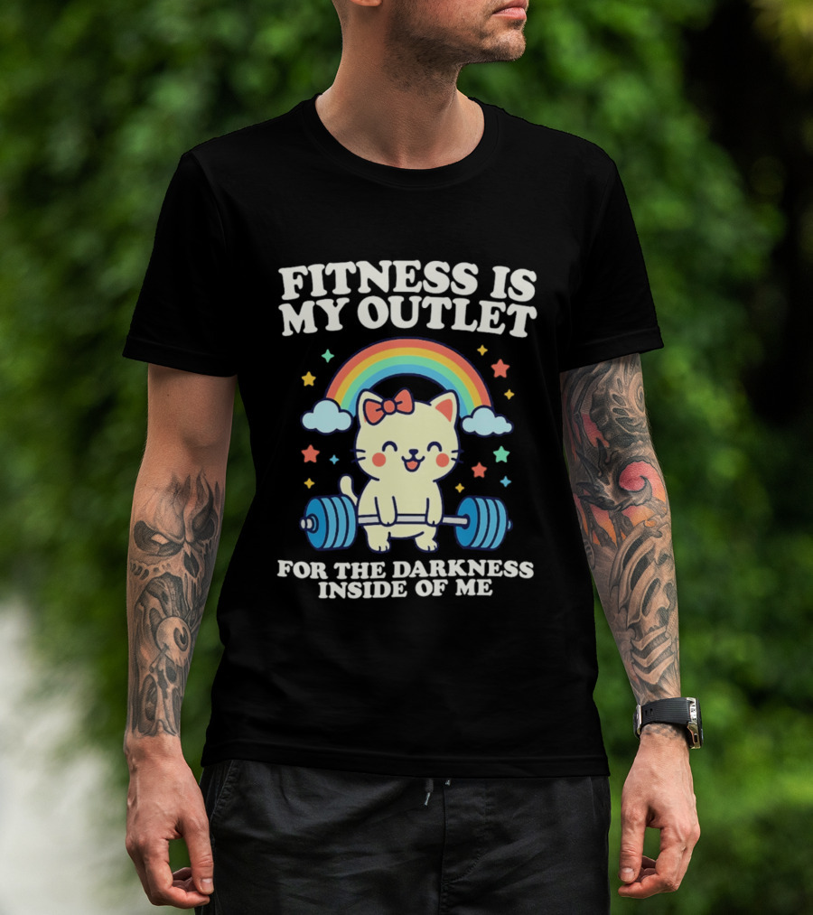 Fitness Is My Outlet For The Darkness Inside Of Me Cute Cat Weightlifting Rainbow T-Shirt