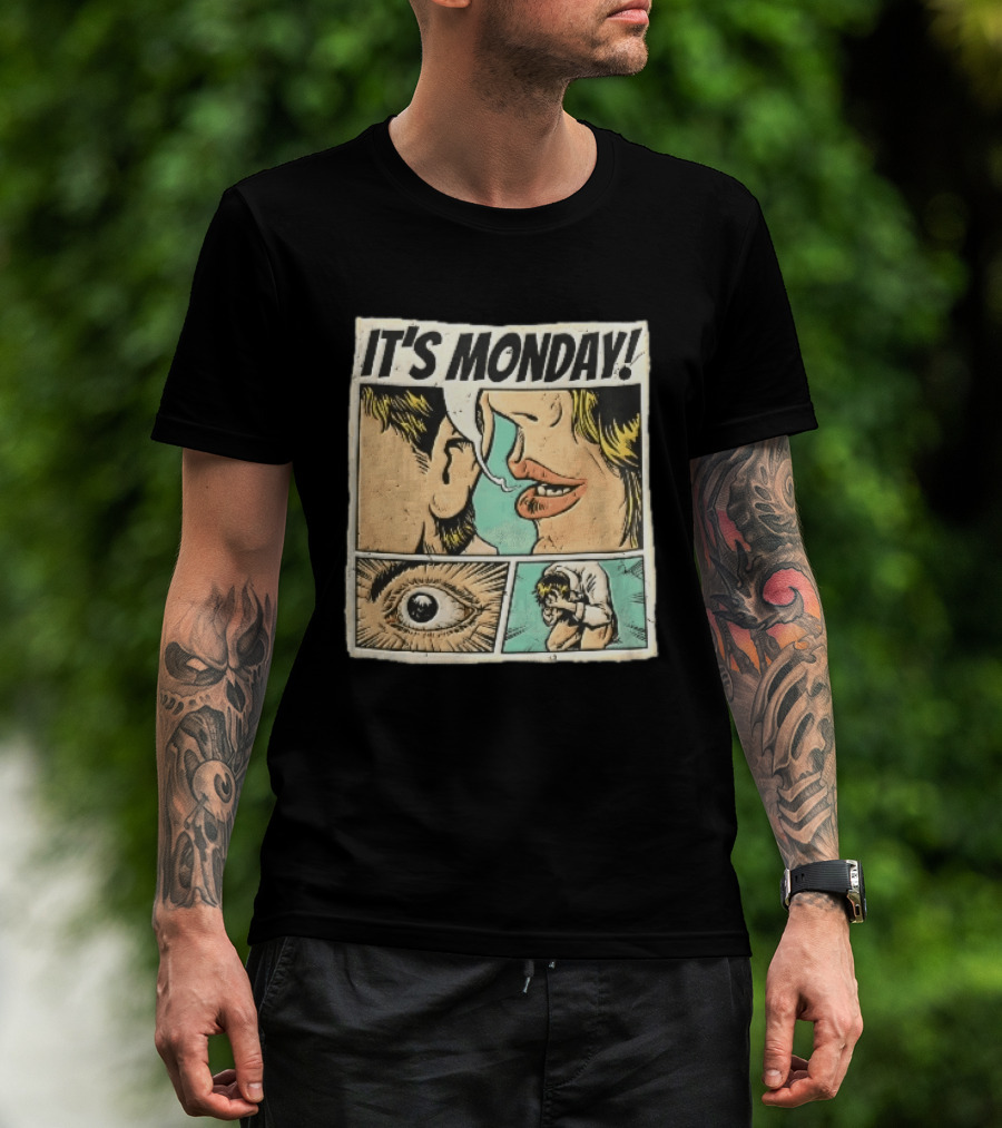 Its Monday Comic Strip Pop Art Woman Whispering Man Crying Vintage Halftone T-Shirt