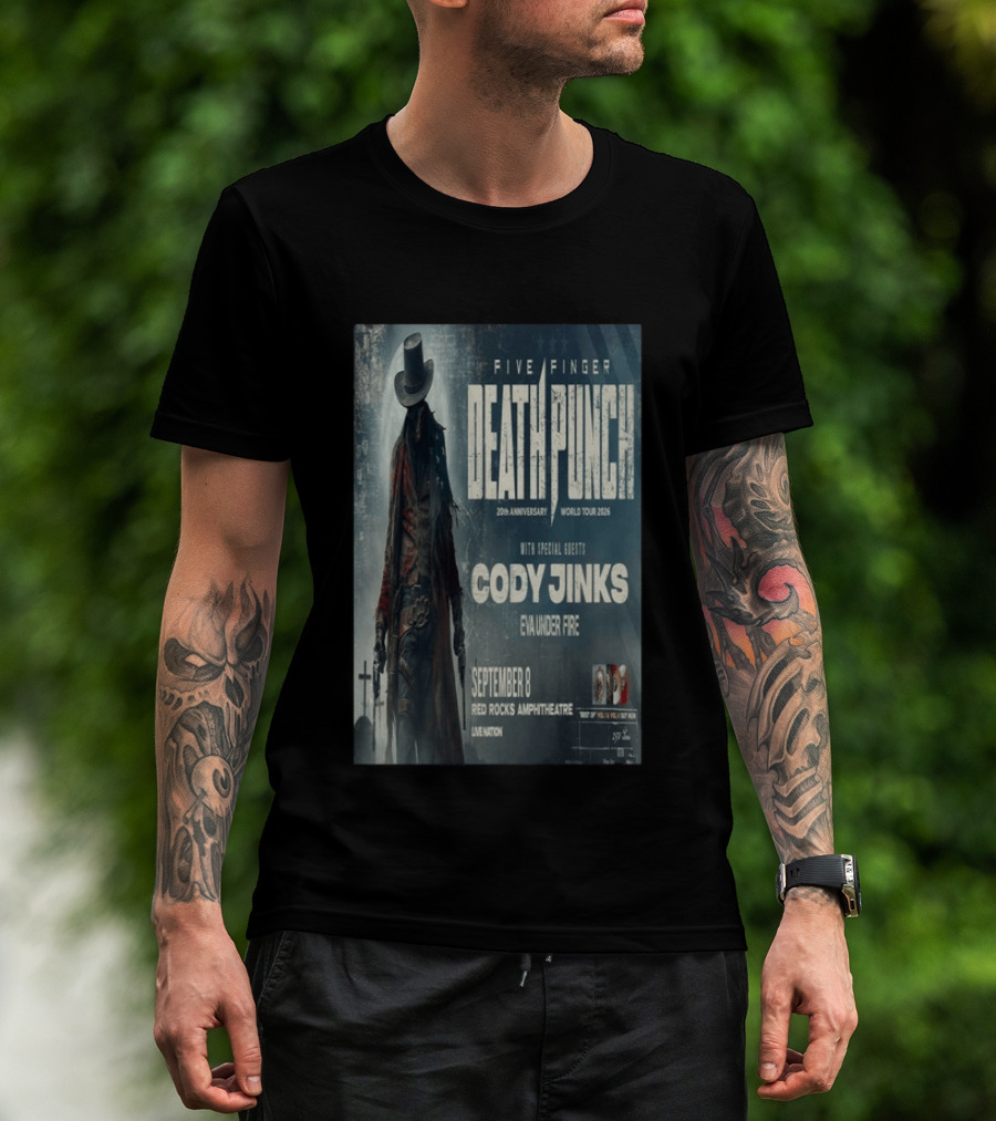 Five Finger Death Punch 20th Anniversary World Tour 2026 Red Rocks Amphitheatre September 8 Cody Jinks Eva Under Fire T-Shirt