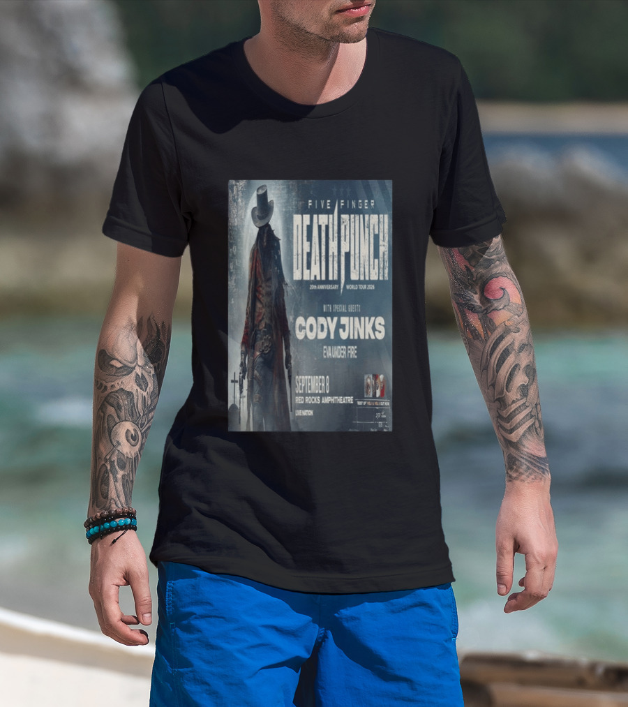 Five Finger Death Punch 20th Anniversary World Tour 2026 Red Rocks Amphitheatre September 8 Cody Jinks Eva Under Fire T-Shirt