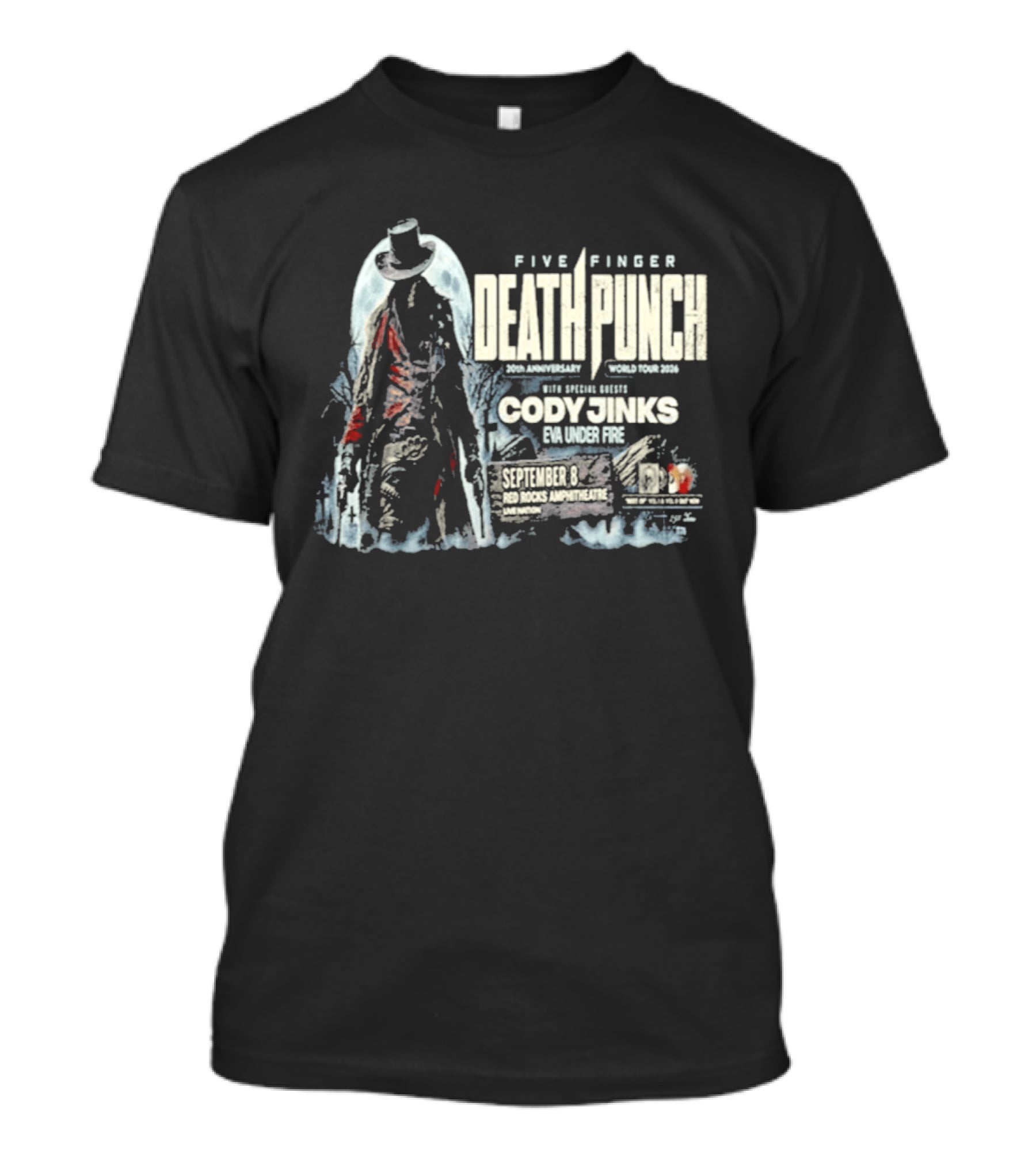 Five Finger Death Punch Red Rocks 20th Anniversary 2026 Cody Jinks Special Guest Denver CO T-Shirt