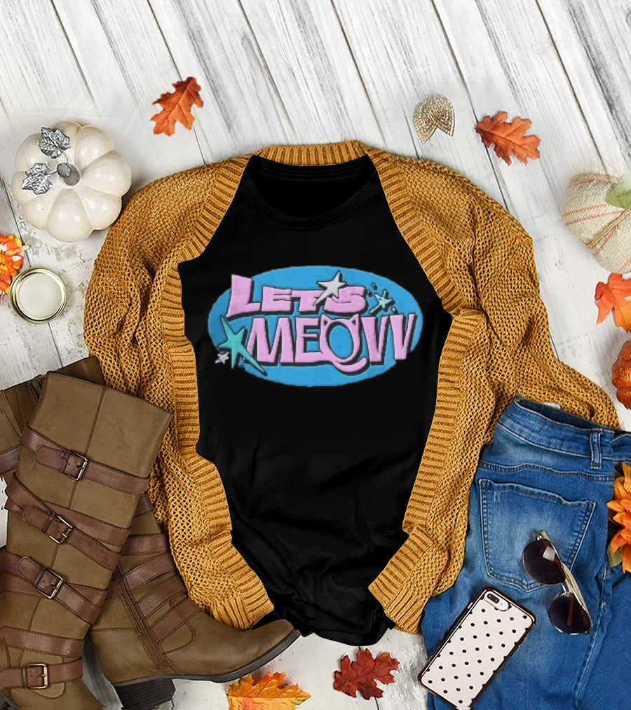 Lets Meovv Cat Ears Pink Distressed Glitter Stars Blue Oval T-Shirt