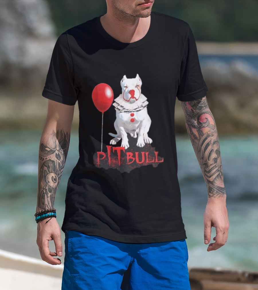 Pitbull Dog Pennywise Clown Red Balloon Distressed White T-Shirt