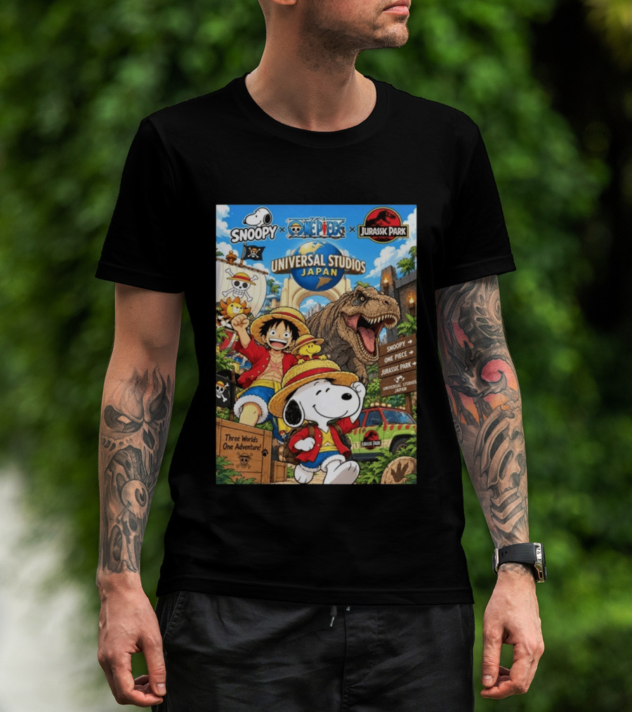 Snoopy One Piece Jurassic Park Universal Studios Japan Three Worlds One Adventure T-Shirt